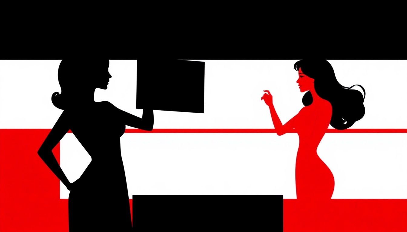 A striking black and white illustration featuring two jagged, geometric silhouettes facing off against a bold red background, conceptually representing the competition between two TV personalities for a high-profile hosting role.