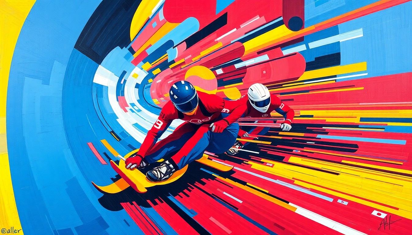 A cubist, geometric painting depicting a luge race, with sharp, overlapping planes of vibrant red, blue, and yellow colors representing the speed and energy of the competition.