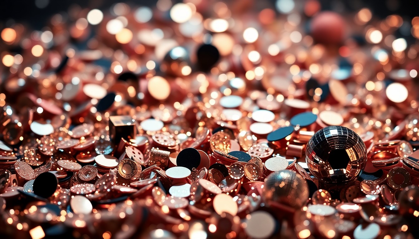 An extreme close-up photograph of sparkling sequins and shattered disco ball fragments, capturing the high-energy, glamorous aesthetic of late-night television.