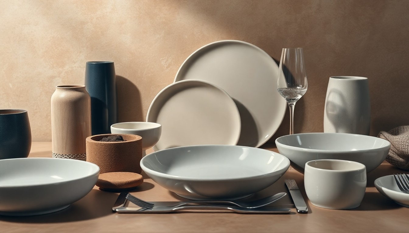 A high-end, minimalist studio still life featuring a collection of premium, polished restaurant tableware and utensils in muted earth tones, conceptually representing the changing dining trends and evolution of the local food industry in Sarasota.