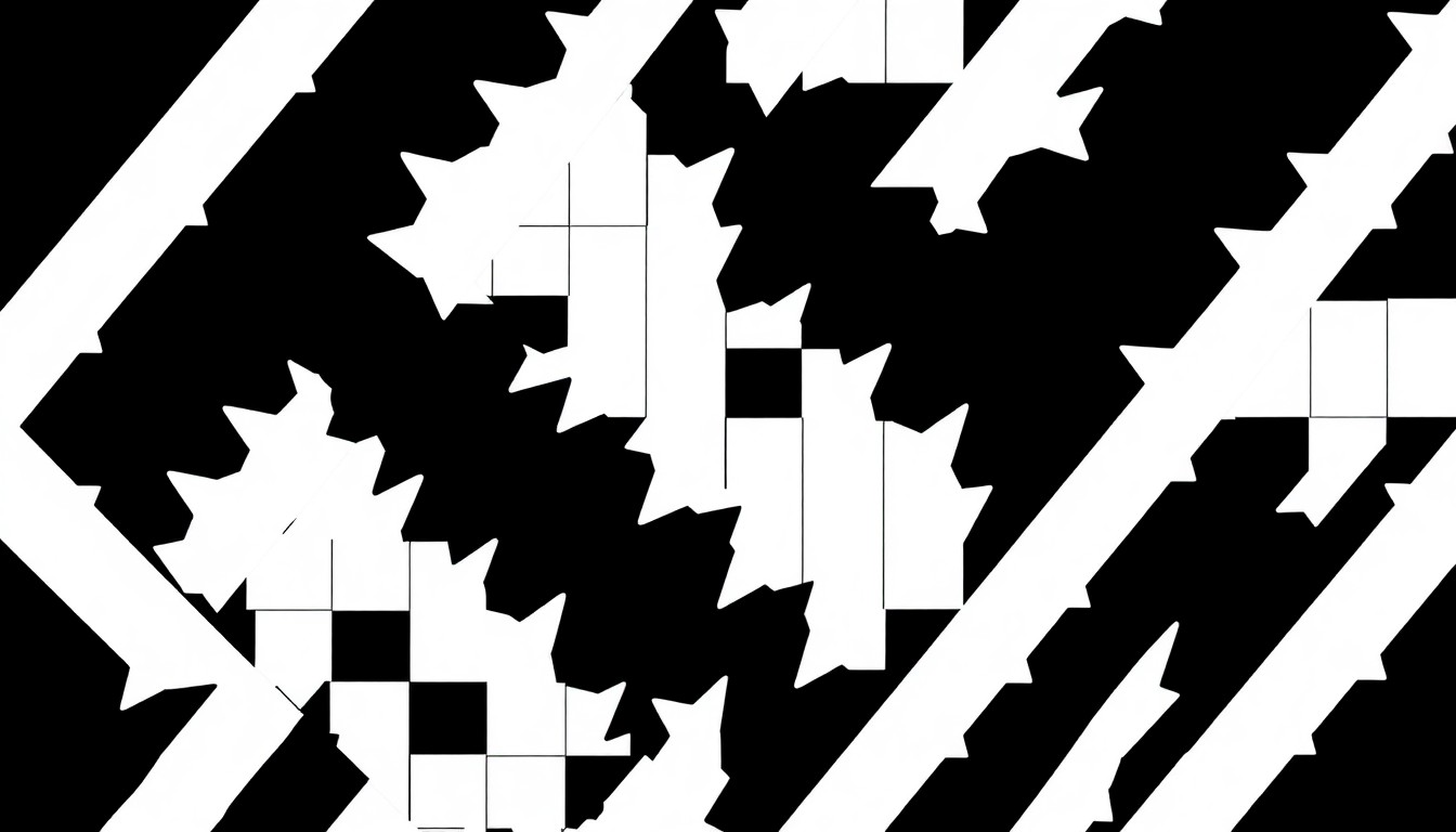 An abstract composition of bold, angular black shapes against a stark white background, conceptually representing the mental challenge and sense of accomplishment in solving a crossword puzzle.