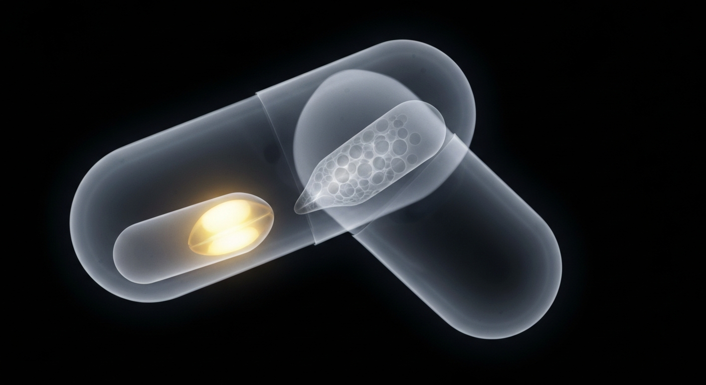 A ghostly, translucent X-ray image of a dog's pill capsule, its internal structure revealed in glowing lines against a dark background, conceptually representing the potential of this new longevity drug.