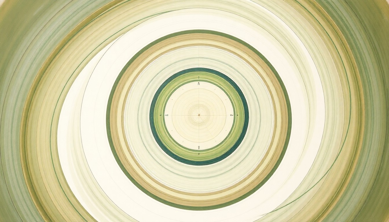 An abstract, highly structured painting in muted tones of green, brown, and blue, featuring sweeping geometric arcs, concentric circles, and precise botanical spirals, representing the convergence of the dorsal and ventral hippocampal pathways within the nucleus accumbens, the brain's reward center, to guide goal-directed behavior.