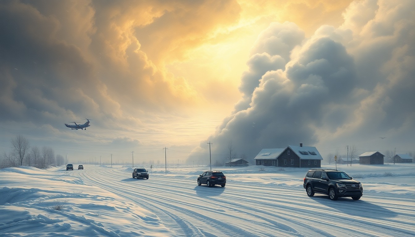 A sweeping, atmospheric landscape painting in muted tones of gray, blue, and white, depicting a vast, snow-swept Midwest scene with physical structures and vehicles barely visible through the swirling, icy vortex of a powerful winter storm.
