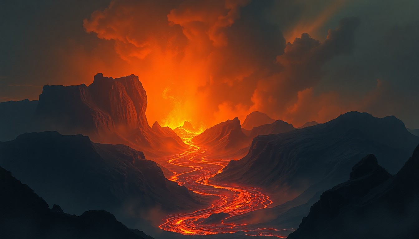 A sweeping, atmospheric landscape painting depicting a massive, fiery volcanic eruption, with the lava flow dominating the scene and dwarfing any physical structures or objects in the background.
