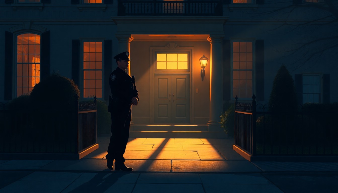 A cinematic painting depicting a lone police officer standing guard outside the mayoral residence, Gracie Mansion, in warm, golden light and deep shadows, conveying a sense of unease and the challenges facing the city's leadership.