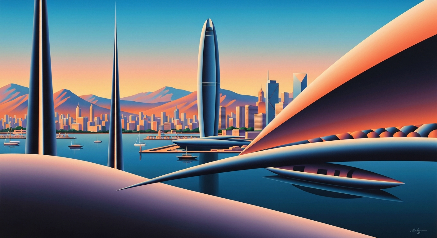 A highly stylized, geometric illustration depicting the sweeping skyline of a coastal city, with towering buildings and a bustling harbor in the foreground, all rendered in a bold, Art Deco-inspired visual style that captures the grand scale and romance of travel without any literal depictions of people or text.