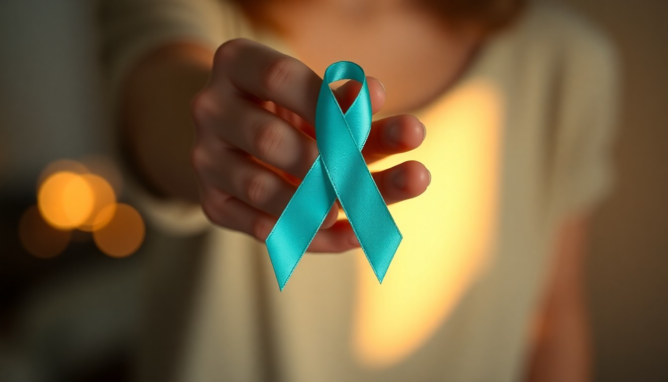 An extremely abstracted, out-of-focus photograph of a person's hands holding a teal ribbon, with soft, warm pools of light and color in the background, conveying a sense of contemplation and care around the issue of sexual assault.