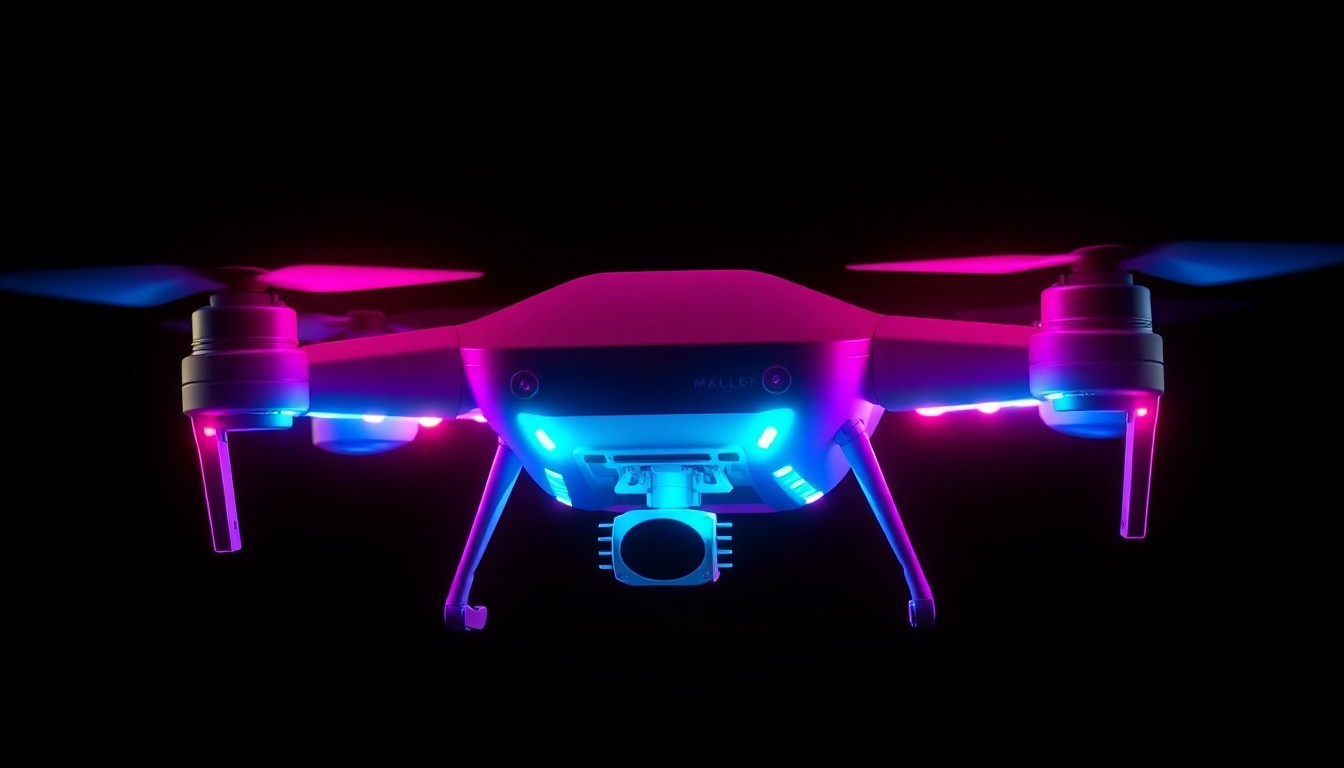A highly detailed, glowing 3D illustration of a Malloy Aeronautics T400 drone, its body illuminated by vibrant neon lights, representing the advanced technology and capabilities of this innovative airborne logistics platform.