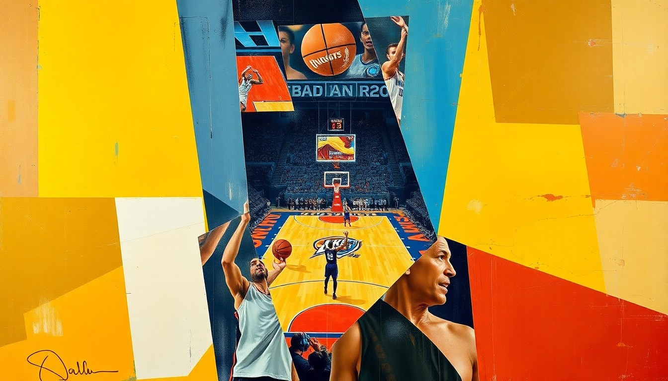 A cubist, geometric painting depicting a basketball game, with overlapping planes of color and shape representing the dynamic action on the court.