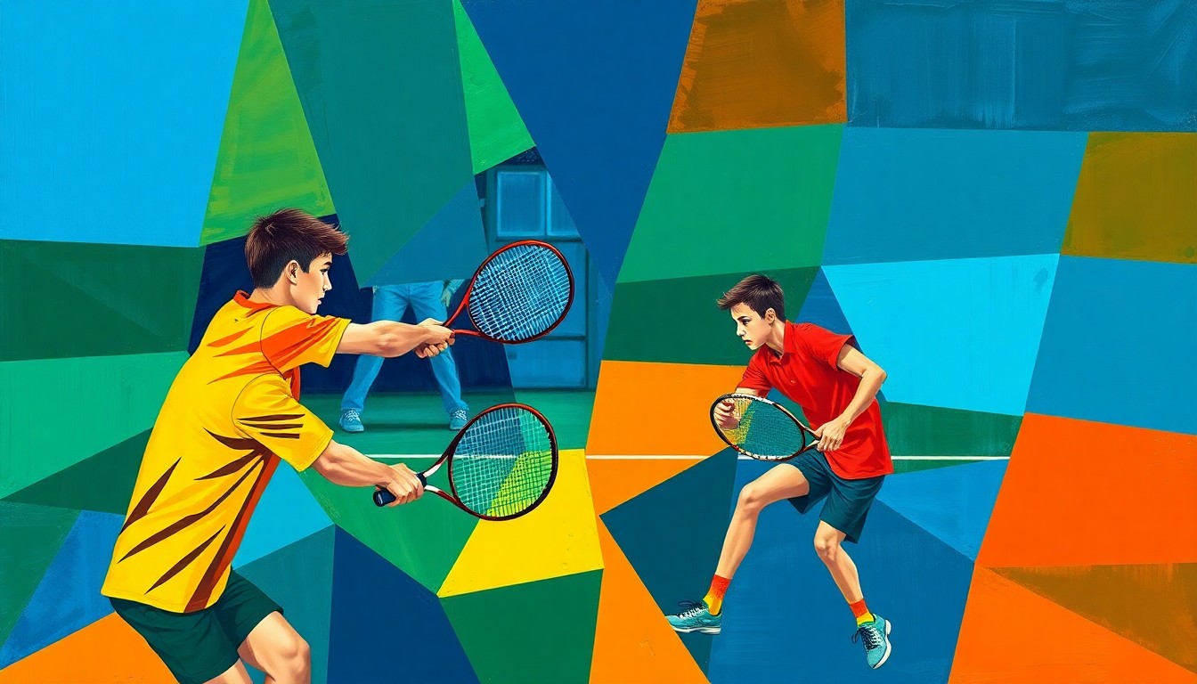 A cubist, geometric painting depicting the abstracted forms of high school tennis players engaged in a match, with overlapping angular shapes in a vibrant color palette representing the competitive energy of the game.