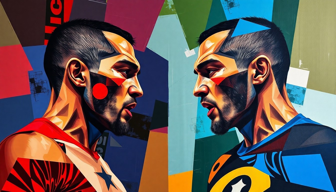A fractured, multi-perspective painting breaking down a welterweight MMA fight into sharp, overlapping geometric planes in vibrant team colors, conceptually representing the tactical depth and stylistic contrasts of the matchup.