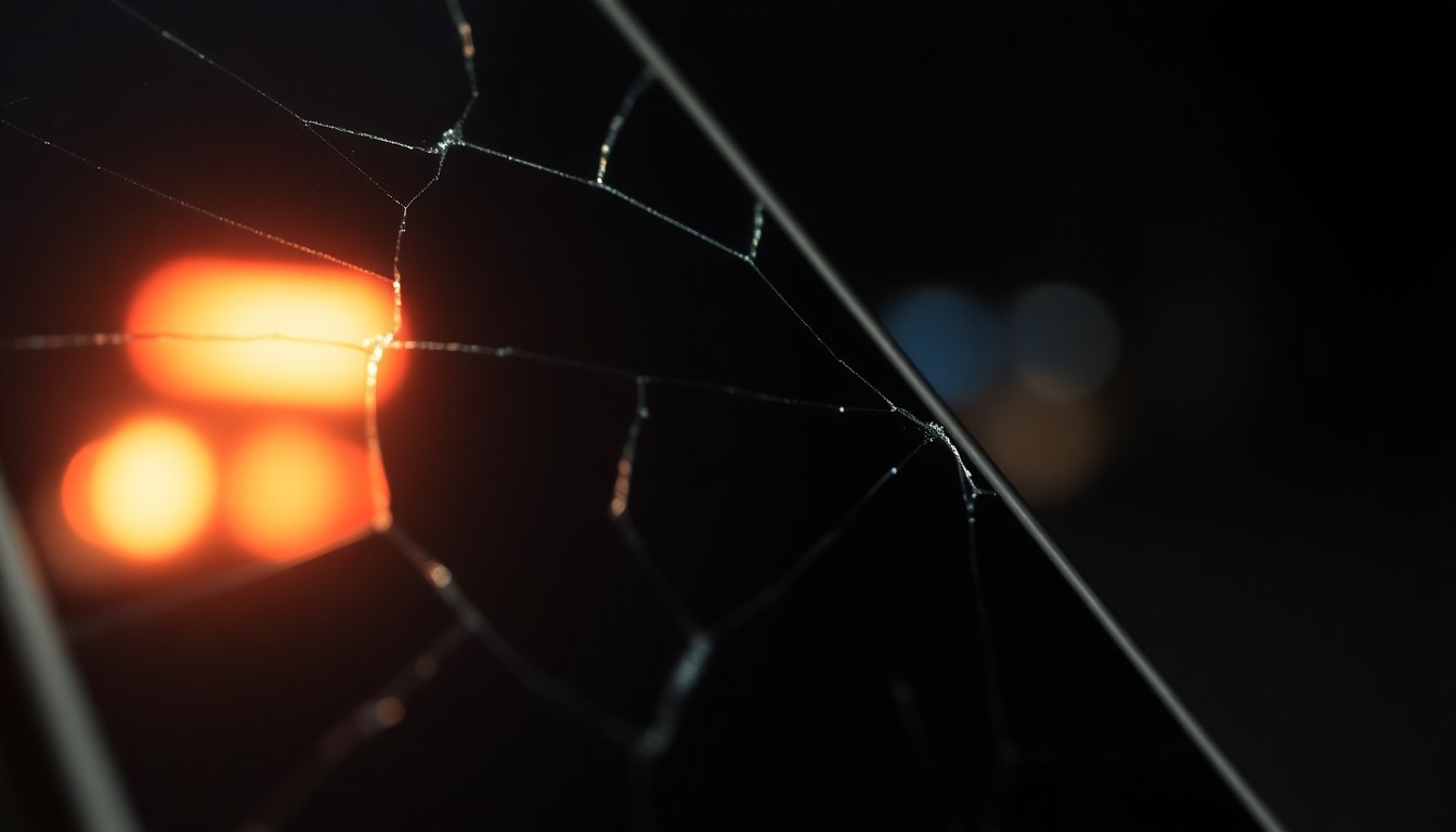 An extreme close-up photograph of a cracked smartphone screen reflecting a faint police siren light, conceptually illustrating the fragility of public reputation and the consequences of celebrity misconduct.