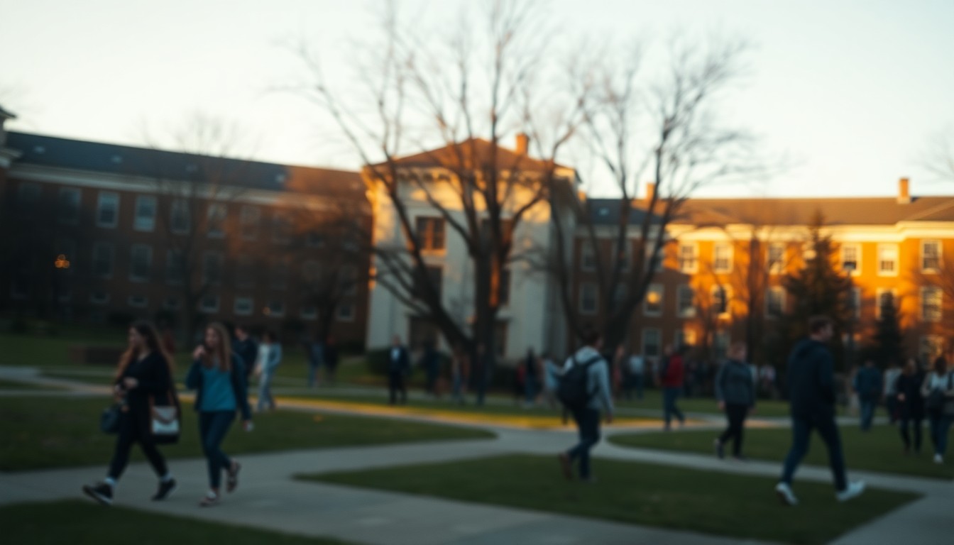 An extremely abstracted, out-of-focus photograph of a university campus quad, with students walking through pools of warm, golden light, conceptually representing the mood of uncertainty and transition in higher education.