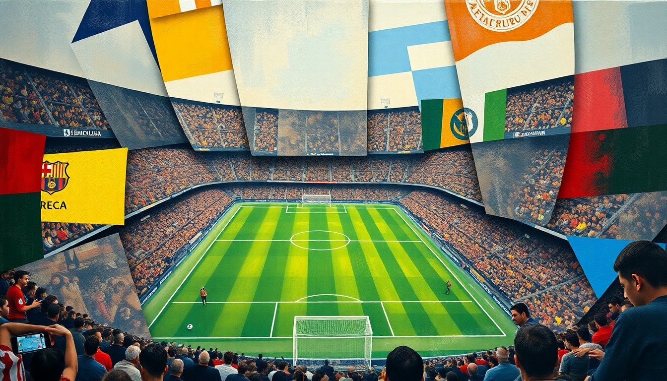 A cubist, geometric painting depicting a football match between Barcelona and Atlético Madrid, with the players and field fragmented into sharp, overlapping planes of color and shape.