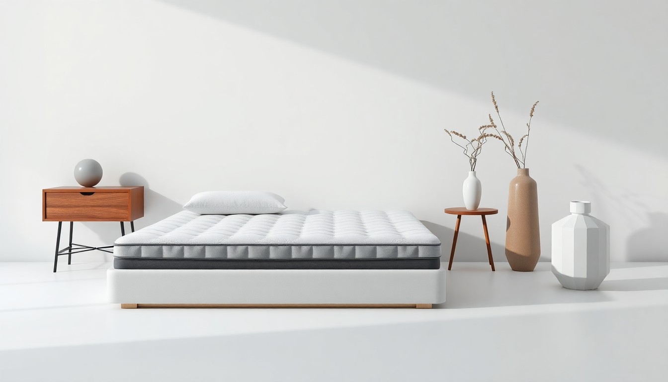 A photorealistic studio still life featuring a plush mattress, a sleek side table, and a decorative vase arranged on a clean, monochromatic background, conceptually representing the partnership between City Furniture and GARVEE to enhance omnichannel home furnishings retail.