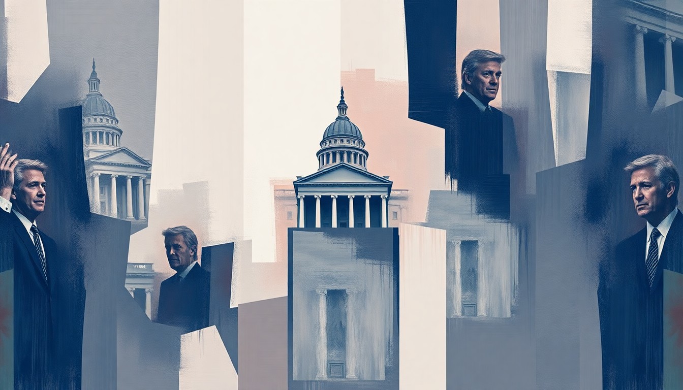 An abstract, fragmented painting depicting a government building or political podium in overlapping geometric shapes and waves of dark blue, grey, and red colors, conveying a sense of fractured, high-energy political discourse.