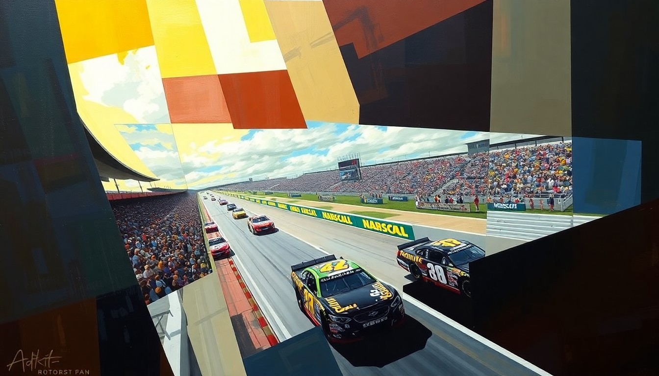 A fractured, multi-perspective painting featuring sharp, overlapping geometric planes of speed and motion, conceptually representing the excitement and unpredictability of a NASCAR race at Bristol Motor Speedway.