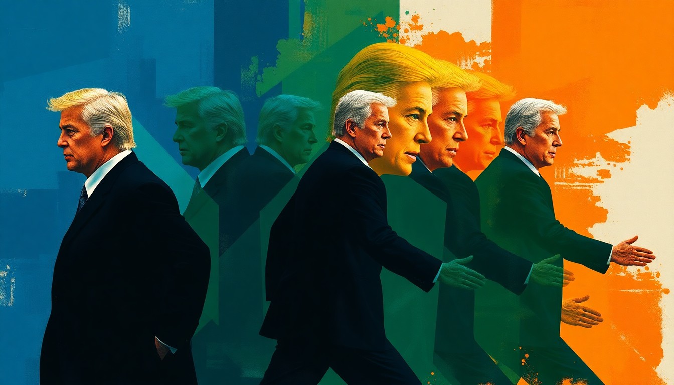 A vibrant, abstract painting of a politician's silhouette repeated in overlapping, fractured geometric shapes in shades of blue, green, and orange, conveying a sense of dynamic motion and change.