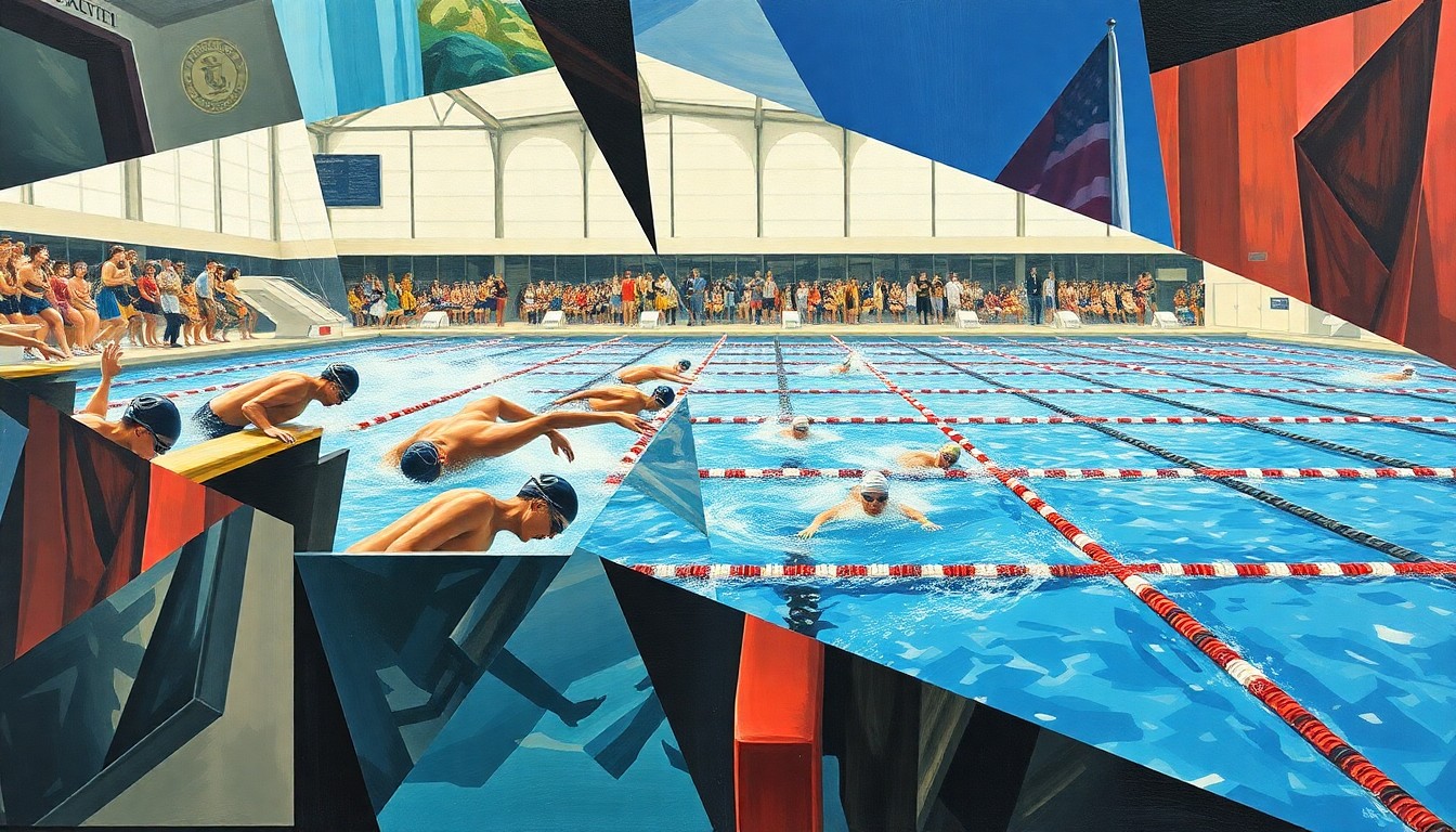 A cubist-style painting depicting a college swimming competition, with the athletes and pool broken down into sharp, overlapping geometric shapes and planes in a vibrant color palette, conceptually representing the strategic and cultural transformation of Pitt's swimming and diving program.