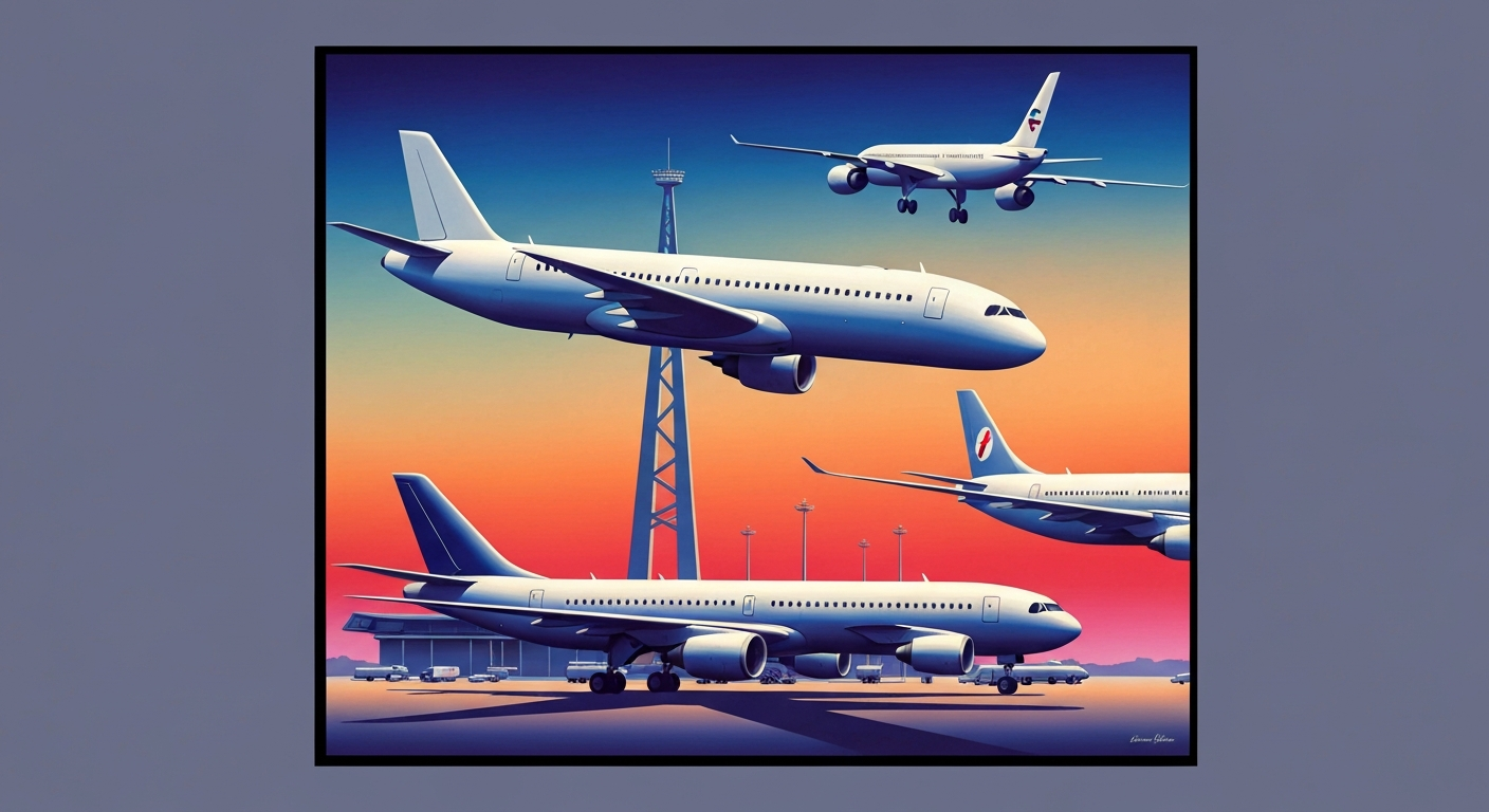 A bold, geometric illustration in the Art Deco style, featuring sweeping gradients of blues and grays, towering forced perspectives of aircraft and airport terminals, and sleek, streamlined forms, conceptually representing the grand scale and romance of international air travel.