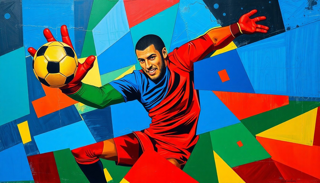 A cubist-style painting depicting a goalkeeper in action, with their movements broken down into sharp, overlapping geometric shapes in vibrant colors.