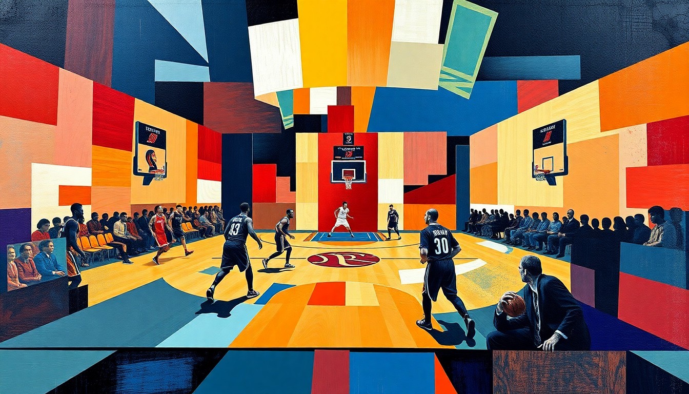 A fractured, cubist-style painting depicting a basketball court and players in a state of geometric abstraction, using a blend of red, black, and blue tones to represent the Portland Trail Blazers and Memphis Grizzlies.