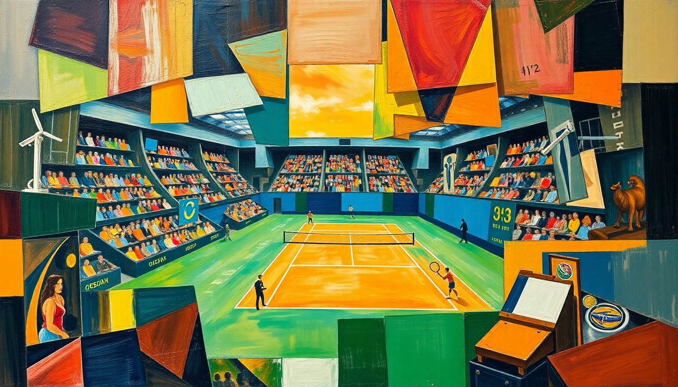 A cubist, geometric painting depicting a tennis match or competition, with overlapping planes of color and shape representing the dynamic action and competition of the sport.