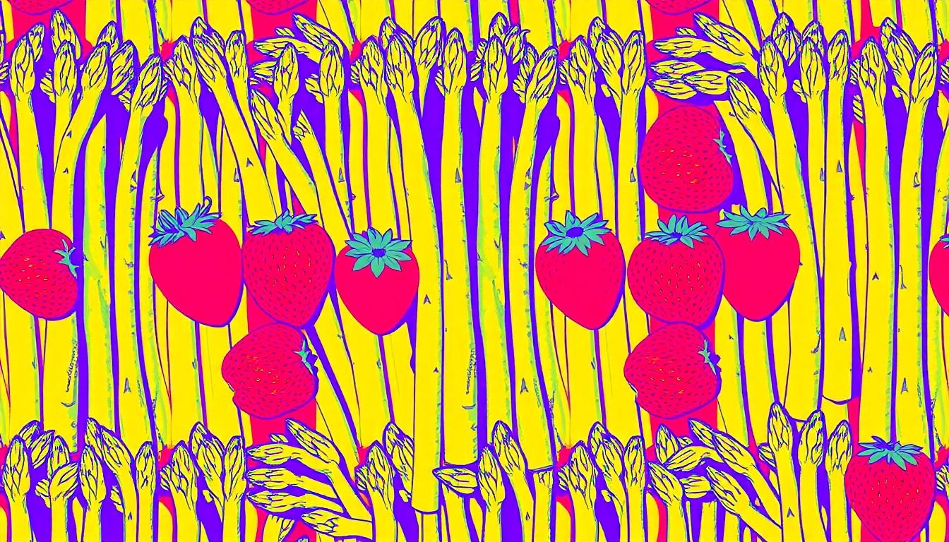 A vibrant, high-contrast silkscreen illustration of several strawberries repeated in a grid pattern, conceptually representing the seasonal ingredients featured on Pensacola restaurant menus.
