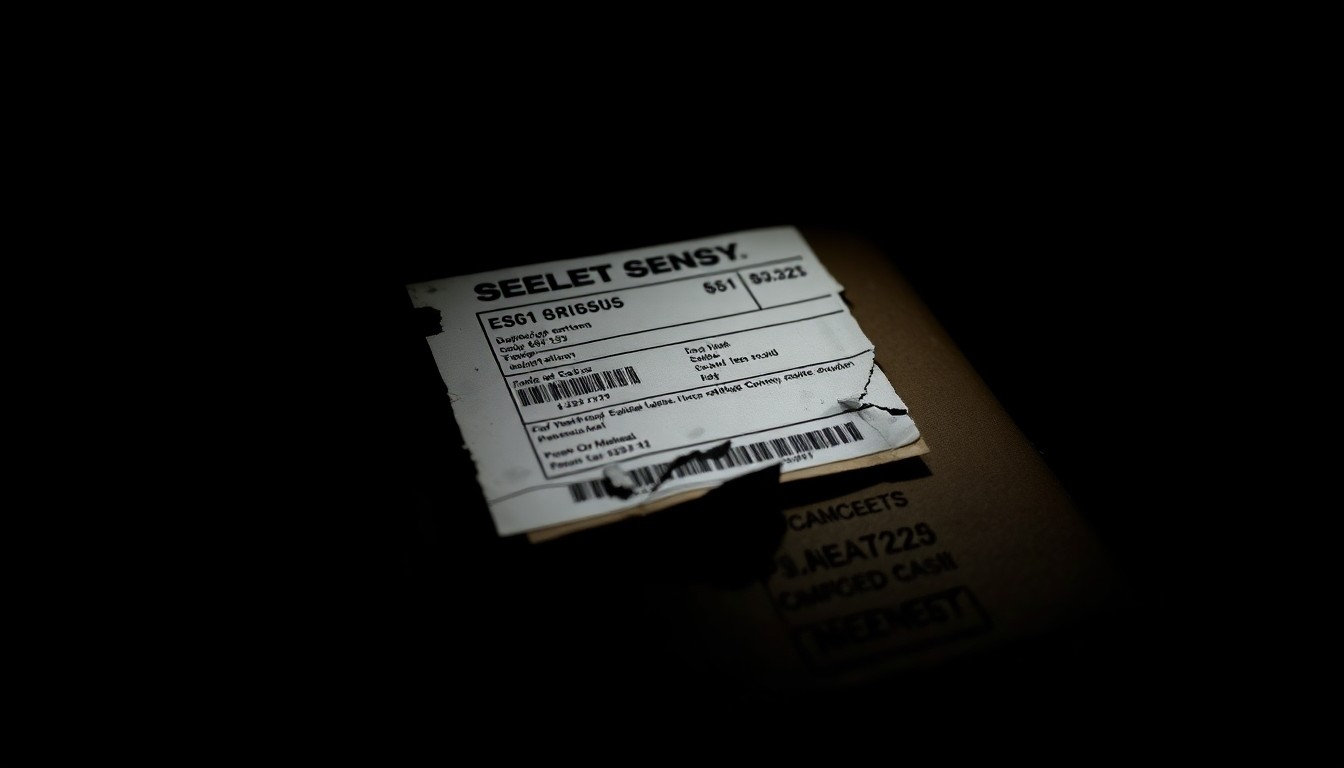 An extreme close-up photograph of a damaged package or stolen item, such as a broken package sensor or a torn shipping label, lit by a harsh, direct camera flash against a pitch-black background, conceptually illustrating the property crimes reported in Oxford.