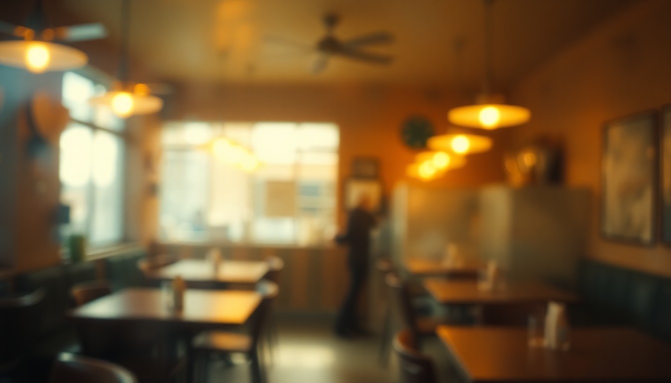 An abstract, out-of-focus scene of a restaurant kitchen, with soft, warm-toned pools of light and color, conceptually representing the importance of food safety inspections.