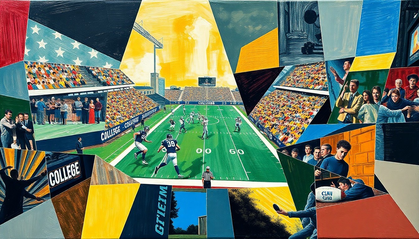 A cubist, geometric painting depicting a fragmented college football game, with players and field elements broken down into sharp, overlapping shapes and planes in a vibrant color palette.
