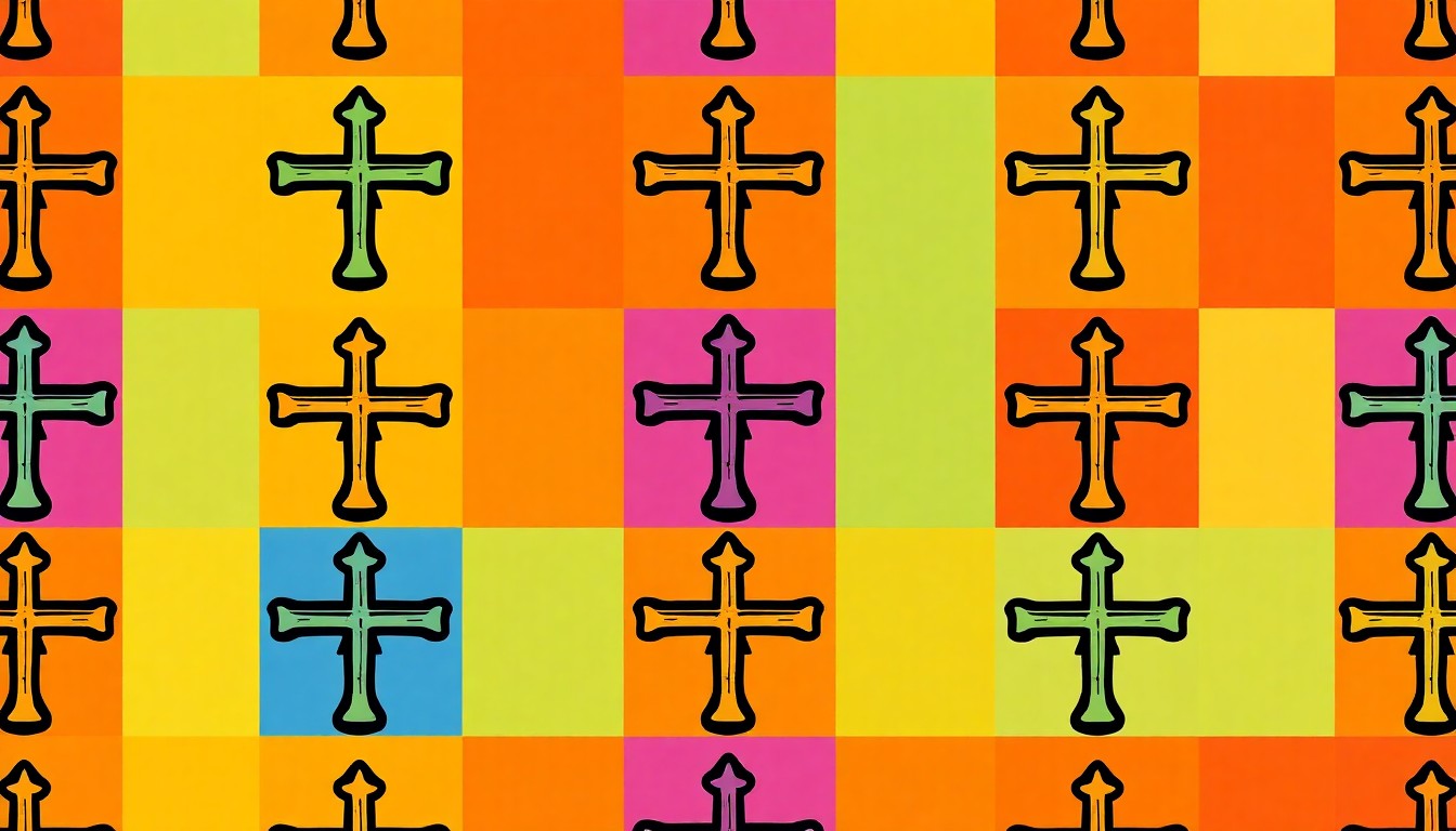 A high-contrast silkscreen print featuring a repeated religious symbol, such as a cross or offering plate, in a grid of bright, unnatural colors and heavy black outlines, conceptually representing the complex dynamics of faith and financial manipulation.