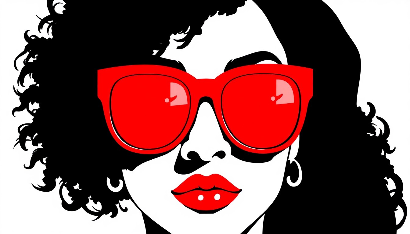 A minimalist, abstract composition of jagged black and white shapes with a bold red accent, conceptually representing the fusion of styles in the Tracee Ellis Ross and Emmanuelle Khanh eyewear collaboration.