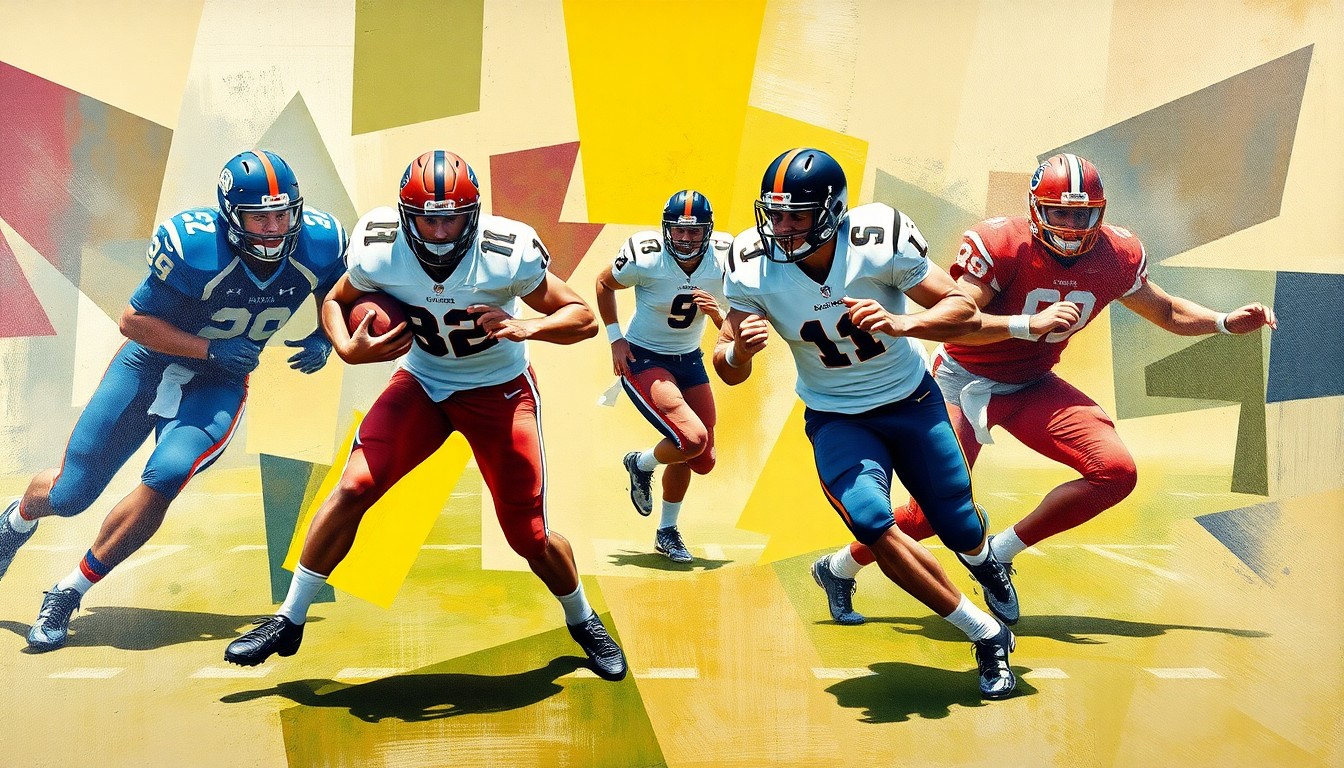 A cubist, geometric painting depicting a college football running play, with the players' forms broken down into sharp, overlapping planes of color and shape, capturing the dynamic motion and pursuit of the action.