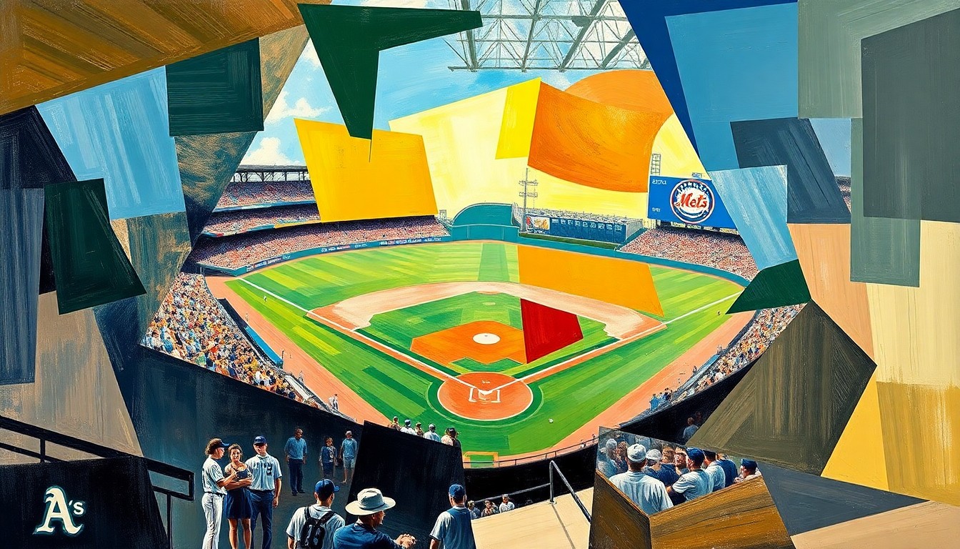 A cubist-style painting depicting a baseball game in fragmented, geometric shapes and planes, capturing the dynamic energy and movement of the sport.