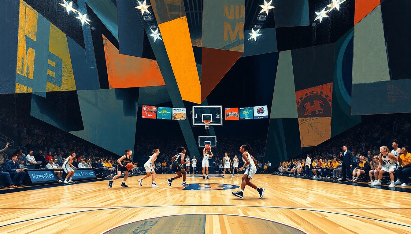 A cubist-style painting depicting a women's college basketball game, with the players and court broken down into sharp, overlapping geometric shapes and planes, creating a dynamic and abstract visual representation of the game's energy and intensity.
