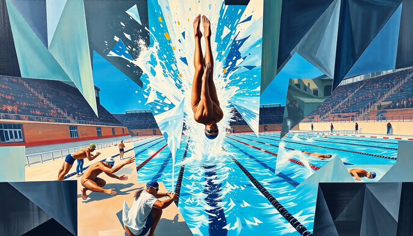 A cubist, geometric painting depicting a swimming or diving competition, with overlapping planes of color and shape representing the dynamic movements and competitive spirit of the event.