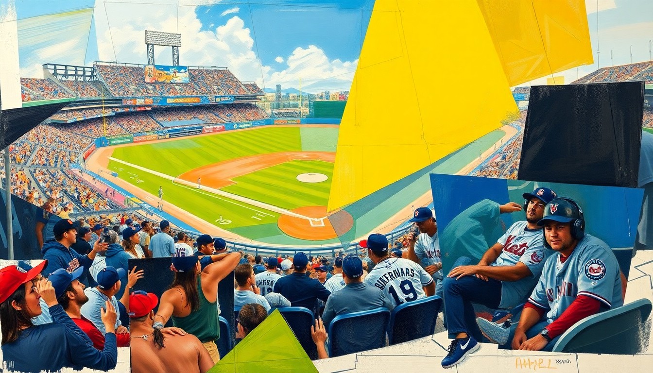 A fragmented, geometric painting depicting a baseball game or match between the Cleveland Guardians and New York Mets, with sharp, overlapping shapes and planes representing the dynamic nature of the trade negotiations surrounding Steven Kwan.