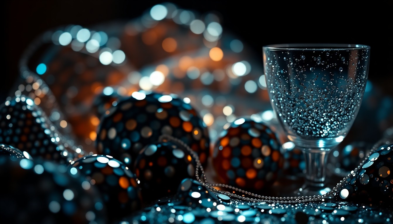 An extreme close-up of shimmering sequins and glittering disco glass, capturing the luxurious, high-contrast textures of a glamorous indoor setting perfect for binge-watching.