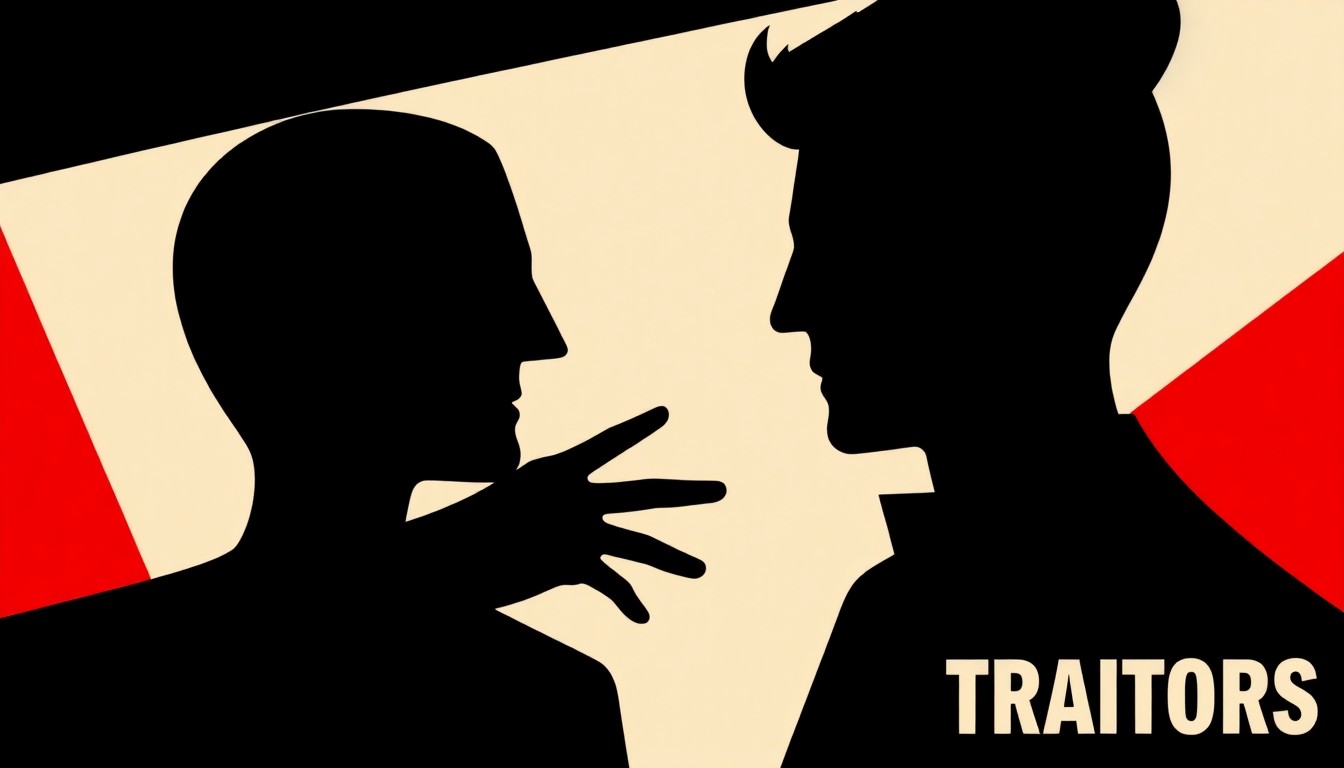 A bold, abstract illustration featuring stark, jagged geometric shapes in high-contrast red and white, conceptually representing the deception and manipulation at the heart of the reality show 'The Celebrity Traitors'.