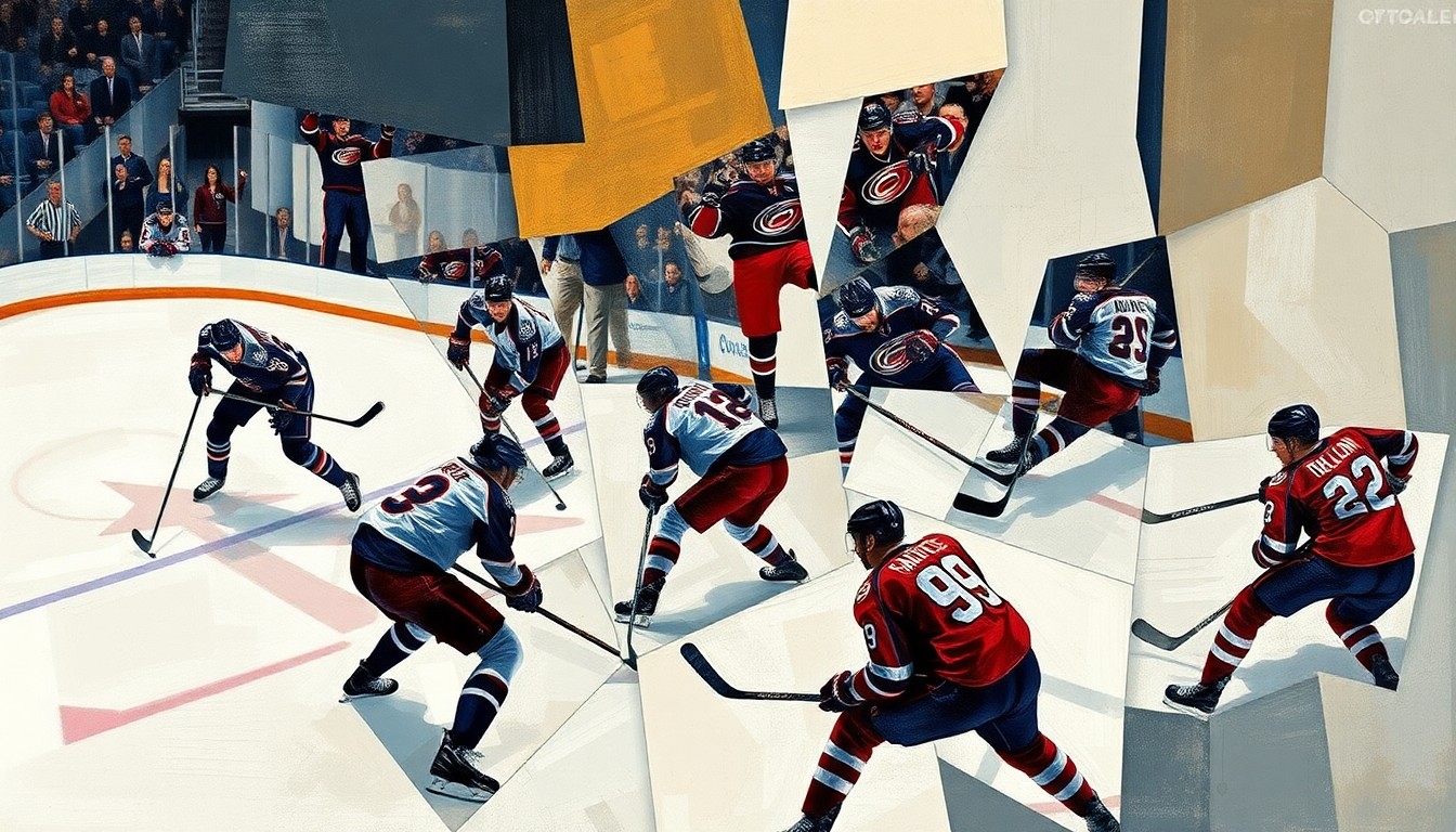 A fractured, multi-perspective painting depicting a hockey game, with players and the puck represented through sharp, overlapping geometric shapes and planes, conveying the energy and intensity of the match.