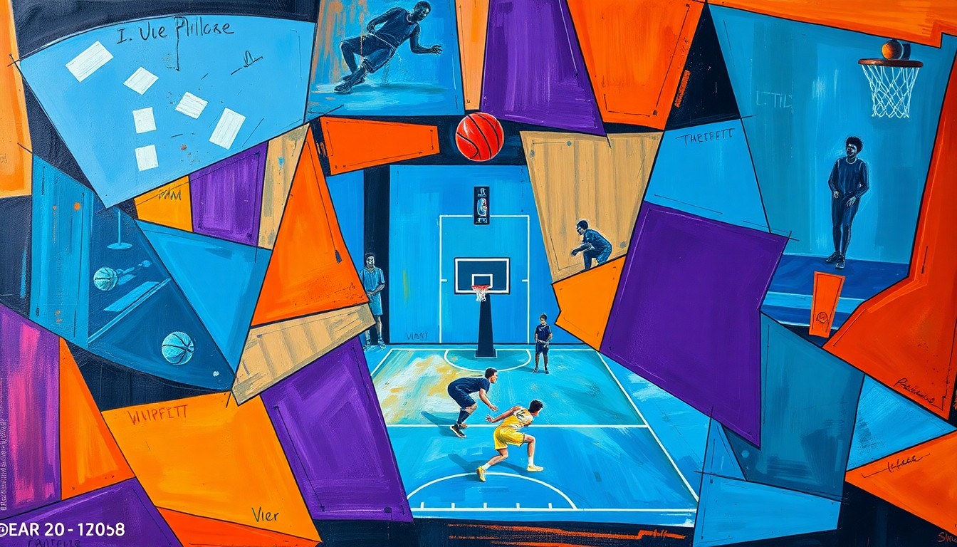 A cubist-style painting depicting a fragmented, multi-angle view of a basketball game, with sharp geometric shapes and planes in vibrant colors like blue, orange, and purple, capturing the dynamic energy of the sport.