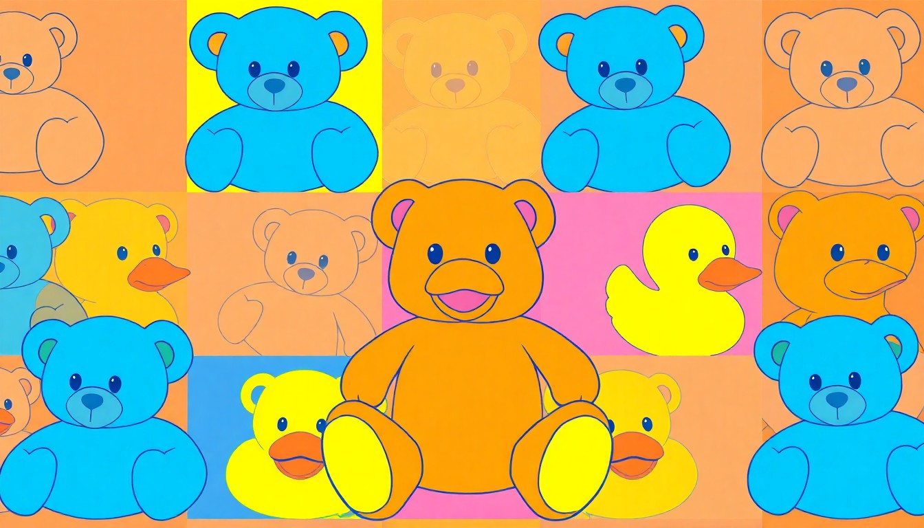 A brightly colored, high-contrast silkscreen print of a single, iconic child's toy repeated in a tight grid pattern, conceptually representing the community's focus on child abuse prevention.