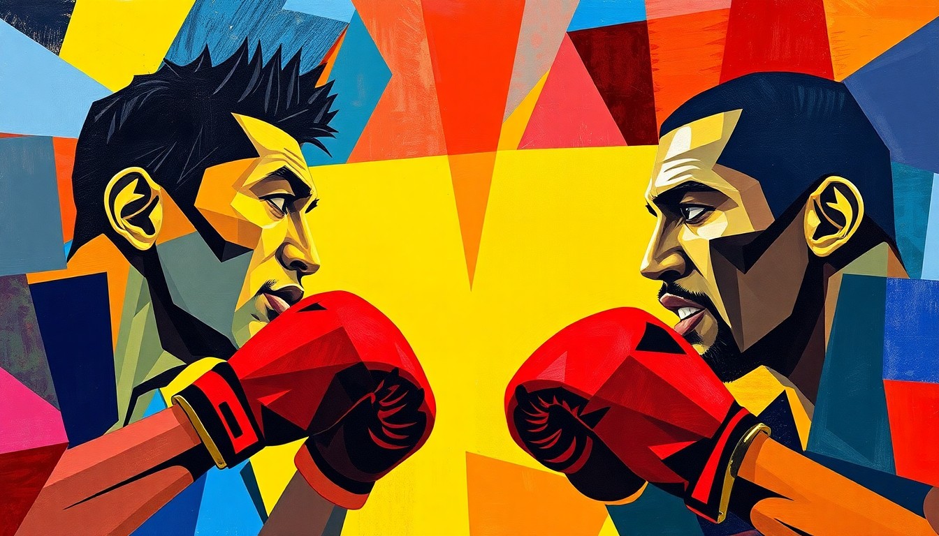 A cubist-style painting depicting the Dubois-Harper boxing match, with the fighters' movements and actions broken down into sharp, overlapping geometric shapes in a vibrant color palette.