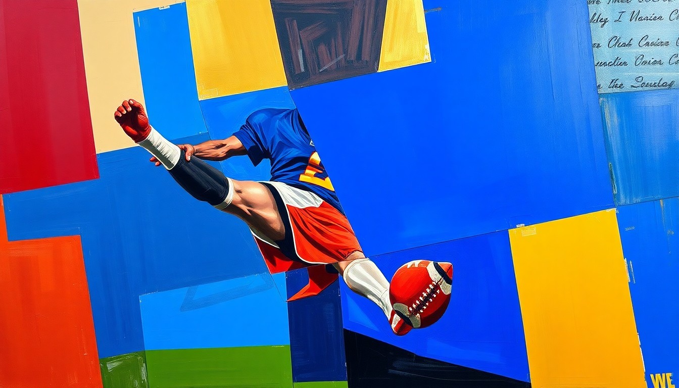 A cubist, geometric painting depicting the motion of a football kicker, with sharp, overlapping planes of color representing the dynamic action of the kick.