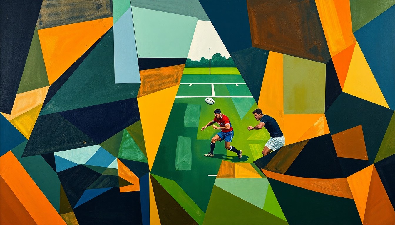 A fragmented, cubist-style painting depicting the dynamic movements and energy of a rugby league match, with sharp geometric shapes and planes in deep blue, green, and orange tones.