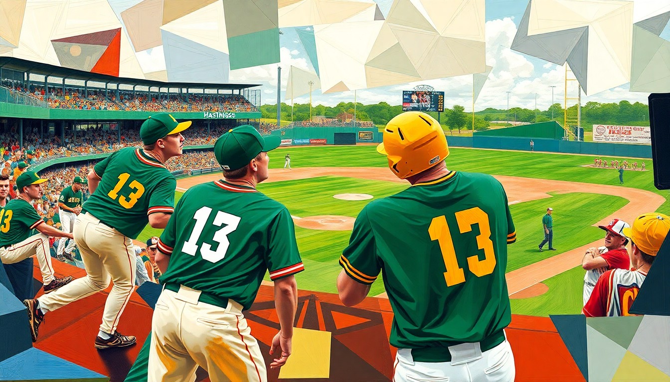 A fractured, geometric painting in vibrant shades of green and gold, capturing the dynamic motion and spirit of a baseball game in an abstract, Cubist style.