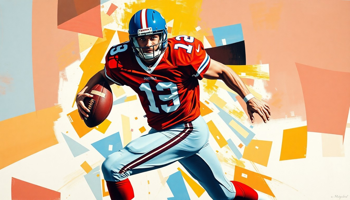 A cubist-style painting depicting a football player in mid-action, broken down into sharp, overlapping geometric shapes in the team's colors, conveying the intellectual and physical challenges faced by student-athletes.