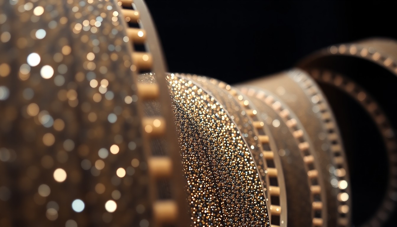 An abstract close-up image of highly reflective, shimmering film reel texture captured in dramatic studio lighting, conveying the prestige and glamour of the Academy Awards.